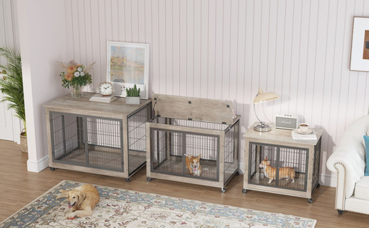 A2ZHOME Furniture Style Dog Crate Side Table on Wheels with Double Doors and Lift Top. Grey, 43.7'' W x 30'' D x 31.1'' H.