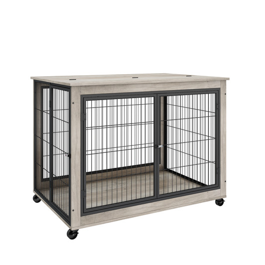 A2ZHOME Furniture Style Dog Crate Side Table on Wheels with Double Doors and Lift Top. Grey, 43.7'' W x 30'' D x 31.1'' H.