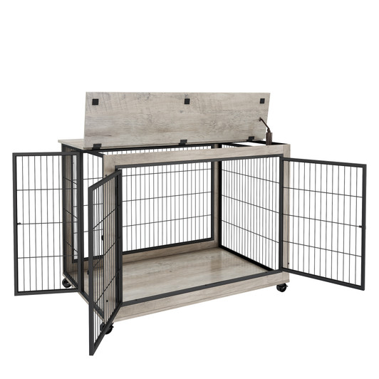 A2ZHOME Furniture Style Dog Crate Side Table on Wheels with Double Doors and Lift Top. Grey, 43.7'' W x 30'' D x 31.1'' H.
