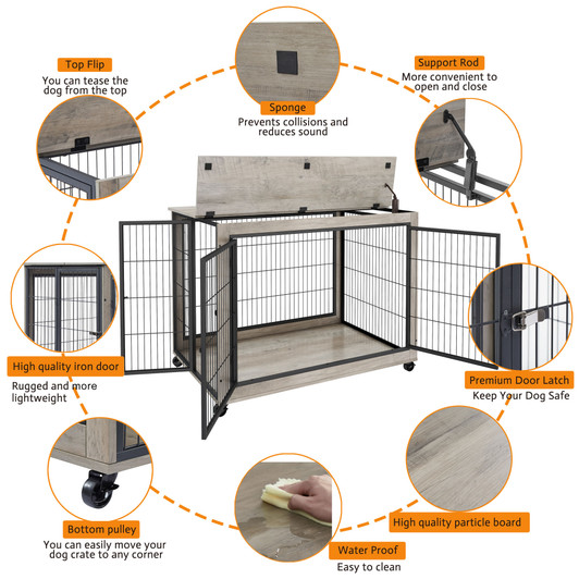 A2ZHOME Furniture Style Dog Crate Side Table on Wheels with Double Doors and Lift Top. Grey, 43.7'' W x 30'' D x 31.1'' H.
