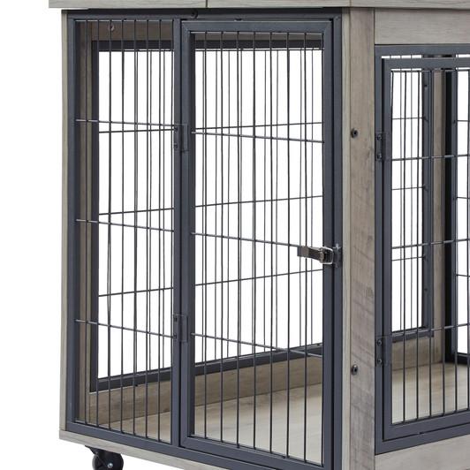 A2ZHOME Furniture Style Dog Crate Side Table on Wheels with Double Doors and Lift Top. Grey, 43.7'' W x 30'' D x 31.1'' H.
