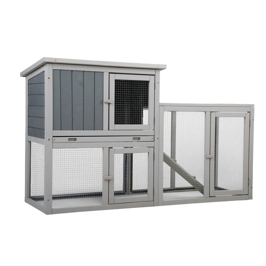 A2ZHOME Wooden Rabbit Hutch Chicken Coop with 1 Removable Tray and 3 Lockable Doors for Indoor and Outdoor Use, Gray+White XH