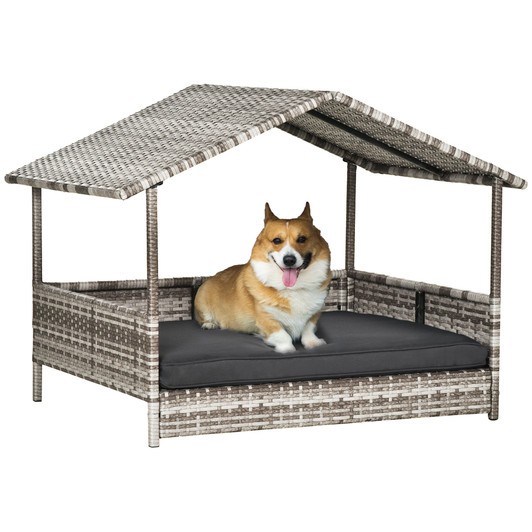 A2ZHOME Wicker Dog House Outdoor with Canopy, Rattan Dog Bed with Water-resistant Cushion, for Small and Medium Dogs, Cream