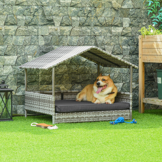 A2ZHOME Wicker Dog House Outdoor with Canopy, Rattan Dog Bed with Water-resistant Cushion, for Small and Medium Dogs, Cream