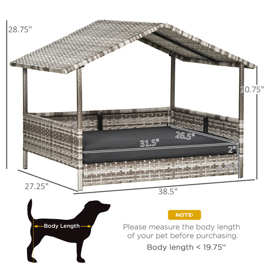 A2ZHOME Wicker Dog House Outdoor with Canopy, Rattan Dog Bed with Water-resistant Cushion, for Small and Medium Dogs, Cream