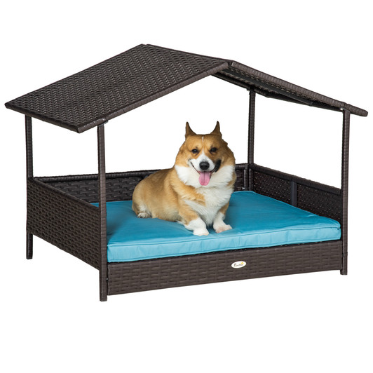 A2ZHOME Wicker Dog House Elevated Raised Rattan Bed for Indoor/Outdoor with Removable Cushion Lounge, Blue