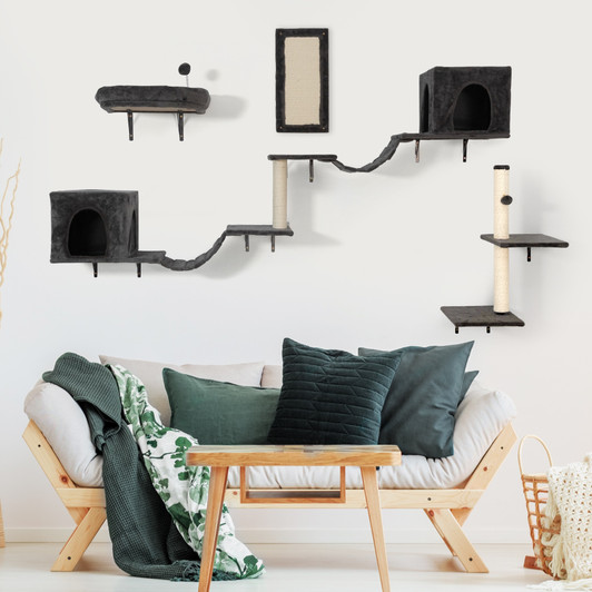 A2ZHOME Wall-mounted Cat Tree, Cat Furniture with 2 Cat Condos House, 3 Cat Wall Shelves, 2 Ladder, 1 Cat Perch, Sisal Cat Scratching Posts & Pad