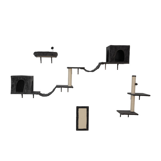 A2ZHOME Wall-mounted Cat Tree, Cat Furniture with 2 Cat Condos House, 3 Cat Wall Shelves, 2 Ladder, 1 Cat Perch, Sisal Cat Scratching Posts & Pad