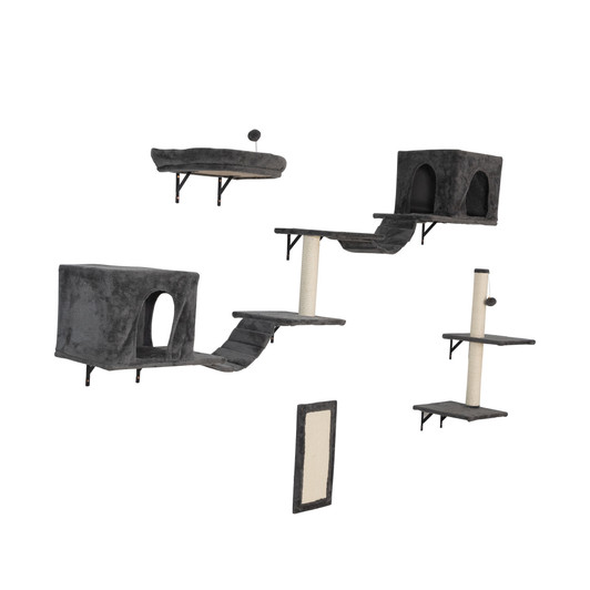 A2ZHOME Wall-mounted Cat Tree, Cat Furniture with 2 Cat Condos House, 3 Cat Wall Shelves, 2 Ladder, 1 Cat Perch, Sisal Cat Scratching Posts & Pad