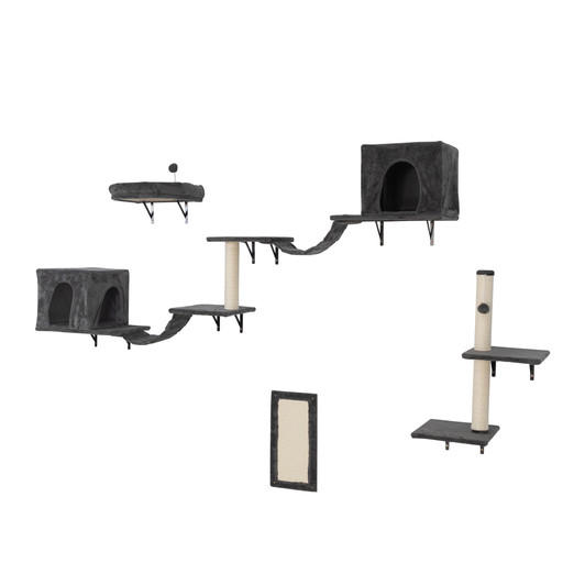 A2ZHOME Wall-mounted Cat Tree, Cat Furniture with 2 Cat Condos House, 3 Cat Wall Shelves, 2 Ladder, 1 Cat Perch, Sisal Cat Scratching Posts & Pad