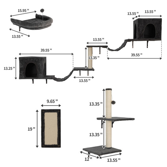 A2ZHOME Wall-mounted Cat Tree, Cat Furniture with 2 Cat Condos House, 3 Cat Wall Shelves, 2 Ladder, 1 Cat Perch, Sisal Cat Scratching Posts & Pad