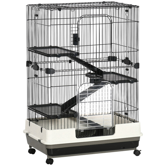 A2ZHOME PawHut 4-Level Small Animal Cage Rabbit Hutch with Wheels, Removable Tray, Platform and Ramp for Bunny, Chinchillas, Ferret, Black