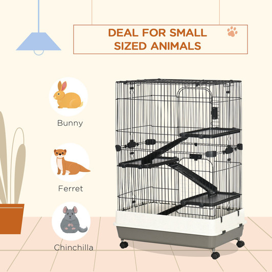 A2ZHOME PawHut 4-Level Small Animal Cage Rabbit Hutch with Wheels, Removable Tray, Platform and Ramp for Bunny, Chinchillas, Ferret, Black