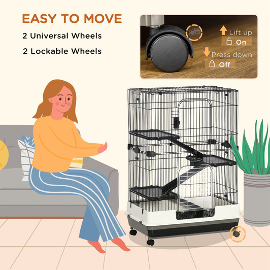 A2ZHOME PawHut 4-Level Small Animal Cage Rabbit Hutch with Wheels, Removable Tray, Platform and Ramp for Bunny, Chinchillas, Ferret, Black