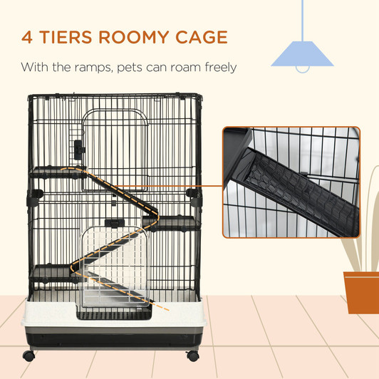 A2ZHOME PawHut 4-Level Small Animal Cage Rabbit Hutch with Wheels, Removable Tray, Platform and Ramp for Bunny, Chinchillas, Ferret, Black