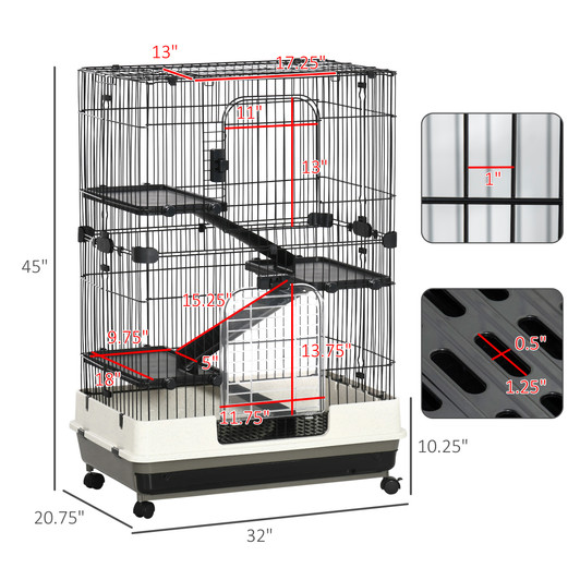 A2ZHOME PawHut 4-Level Small Animal Cage Rabbit Hutch with Wheels, Removable Tray, Platform and Ramp for Bunny, Chinchillas, Ferret, Black