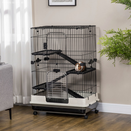 A2ZHOME PawHut 4-Level Small Animal Cage Rabbit Hutch with Wheels, Removable Tray, Platform and Ramp for Bunny, Chinchillas, Ferret, Black