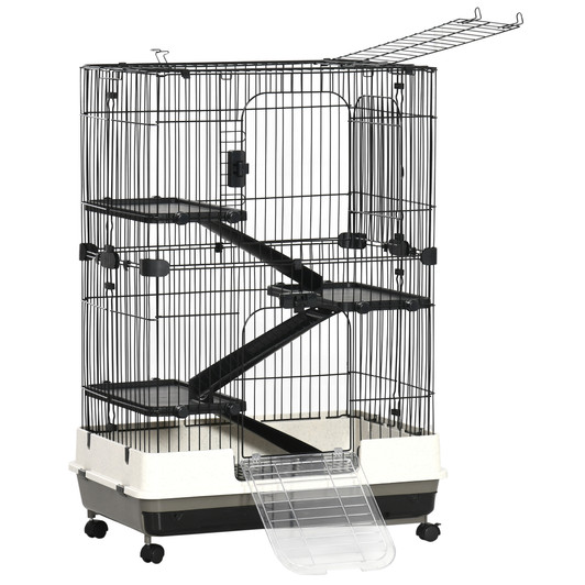 A2ZHOME PawHut 4-Level Small Animal Cage Rabbit Hutch with Wheels, Removable Tray, Platform and Ramp for Bunny, Chinchillas, Ferret, Black