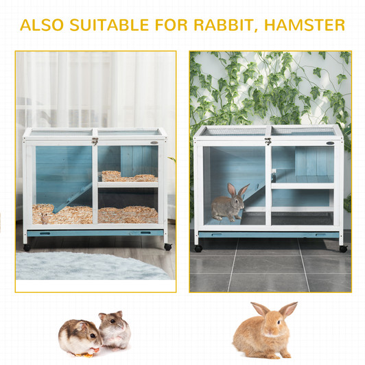 A2ZHOME PawHut Indoor Rabbit Hutch with Wheels, Desk and Side Table Sized, Wood Rabbit Cage, Waterproof Small Rabbit Cage, Light Blue