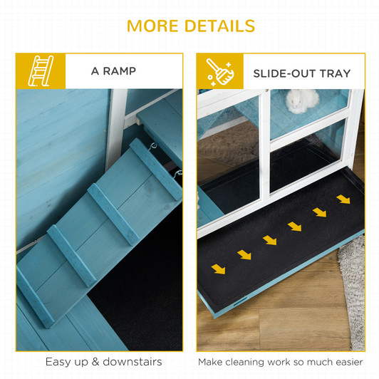 A2ZHOME PawHut Indoor Rabbit Hutch with Wheels, Desk and Side Table Sized, Wood Rabbit Cage, Waterproof Small Rabbit Cage, Light Blue