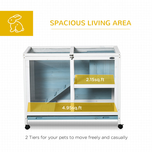 A2ZHOME PawHut Indoor Rabbit Hutch with Wheels, Desk and Side Table Sized, Wood Rabbit Cage, Waterproof Small Rabbit Cage, Light Blue