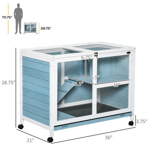A2ZHOME PawHut Indoor Rabbit Hutch with Wheels, Desk and Side Table Sized, Wood Rabbit Cage, Waterproof Small Rabbit Cage, Light Blue