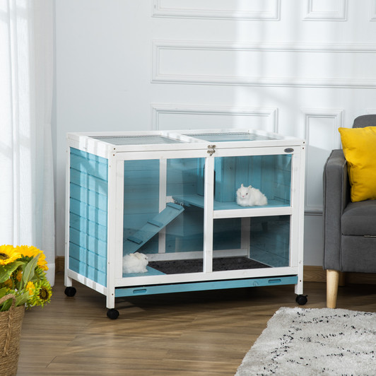 A2ZHOME PawHut Indoor Rabbit Hutch with Wheels, Desk and Side Table Sized, Wood Rabbit Cage, Waterproof Small Rabbit Cage, Light Blue