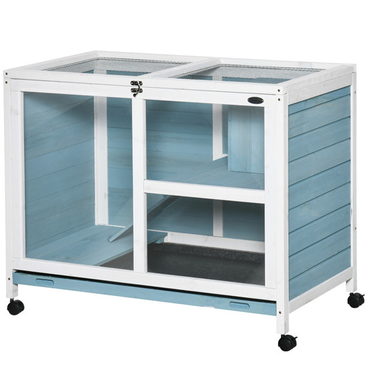A2ZHOME PawHut Indoor Rabbit Hutch with Wheels, Desk and Side Table Sized, Wood Rabbit Cage, Waterproof Small Rabbit Cage, Light Blue