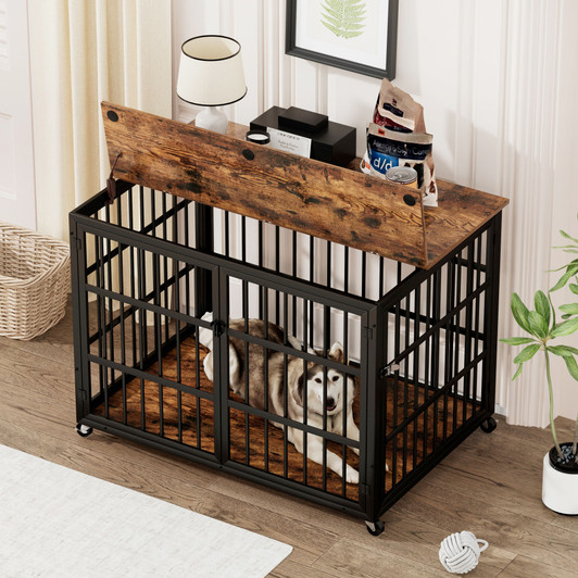 A2ZHOME Furniture style dog crate wrought iron frame door with side openings, Rustic Brown, 43.3''W x 29.9''D x 33.5''H.