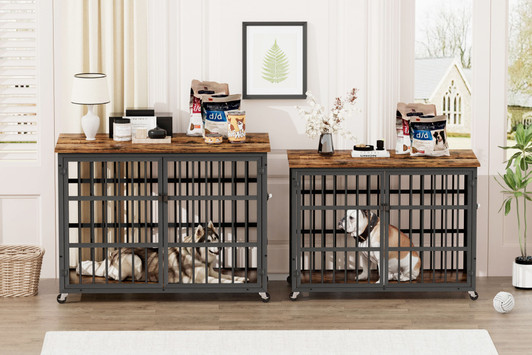 A2ZHOME Furniture style dog crate wrought iron frame door with side openings, Rustic Brown, 43.3''W x 29.9''D x 33.5''H.