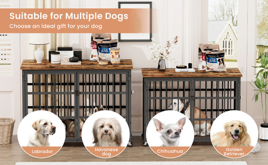 A2ZHOME Furniture style dog crate wrought iron frame door with side openings, Rustic Brown, 43.3''W x 29.9''D x 33.5''H.
