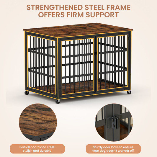 A2ZHOME Furniture style dog crate wrought iron frame door with side openings, Rustic Brown, 43.3''W x 29.9''D x 33.5''H.