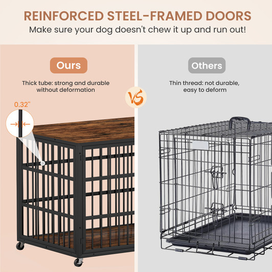 A2ZHOME Furniture style dog crate wrought iron frame door with side openings, Rustic Brown, 43.3''W x 29.9''D x 33.5''H.