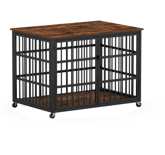 A2ZHOME Furniture style dog crate wrought iron frame door with side openings, Rustic Brown, 43.3''W x 29.9''D x 33.5''H.