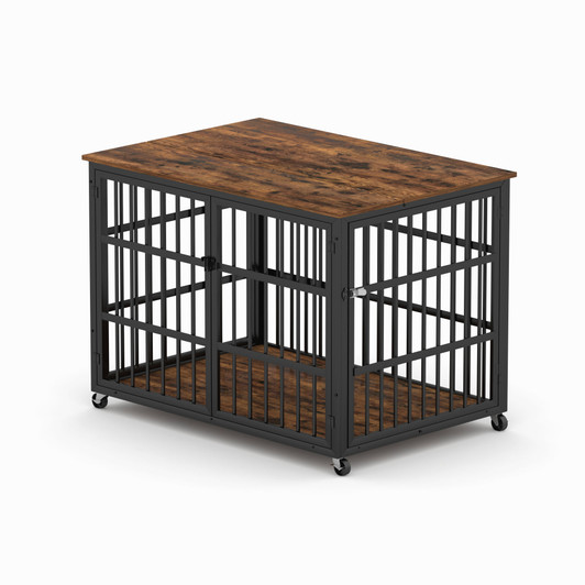 A2ZHOME Furniture style dog crate wrought iron frame door with side openings, Rustic Brown, 43.3''W x 29.9''D x 33.5''H.