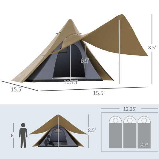 A2ZHOME 15.4'x15.4'x8.5' Teepee Tent, Waterproof Camping Tent with Porch Area, Floor, and Carry Bag, for 2-3 Person Outdoor Backpacking Camping Hiking