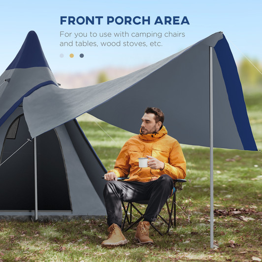 A2ZHOME 15.4'x15.4'x8.5' Teepee Tent, Waterproof Camping Tent with Porch Area, Floor and Carry Bag, for 2-3 Person Outdoor Backpacking Camping Hiking, Blue