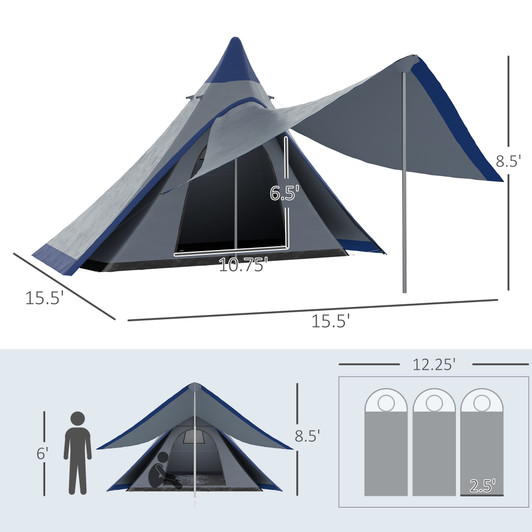 A2ZHOME 15.4'x15.4'x8.5' Teepee Tent, Waterproof Camping Tent with Porch Area, Floor and Carry Bag, for 2-3 Person Outdoor Backpacking Camping Hiking, Blue