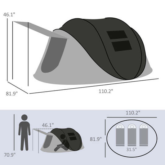 A2ZHOME Pop Up Tent, Instant Camping Tent with Porch and Carry Bag, 3000mm Waterproof, for 2-3 People, Black, (Poles Included)
