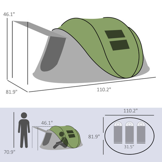 A2ZHOME Pop Up Tent, Instant Camping Tent with Porch and Carry Bag, 3000mm Waterproof, for 2-3 People, Green, (Poles Included)