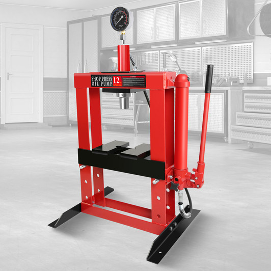 A2ZHOME 12-Ton Adjustable Benchtop Hydraulic Shop Press for Garage w/Stamping Plates & Pressure Gauge, Manual Hand Pump