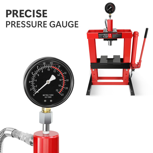 A2ZHOME 12-Ton Adjustable Benchtop Hydraulic Shop Press for Garage w/Stamping Plates & Pressure Gauge, Manual Hand Pump