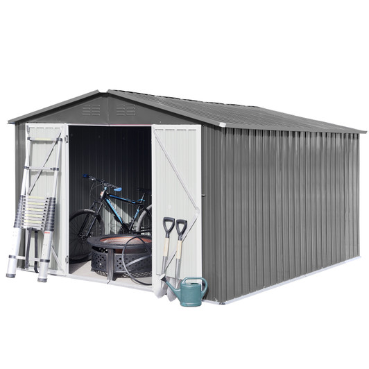 A2ZHOME 10ft x 12ft Metal Garden Shed: Spacious and Durable Outdoor Storage Solution in Grey