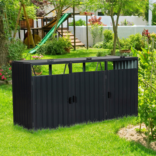 A2ZHOME Garbage Bin Shed Stores 3 Trash Cans: Sturdy Stainless Galvanized Steel Outdoor Bin Shed for Garbage Storage
