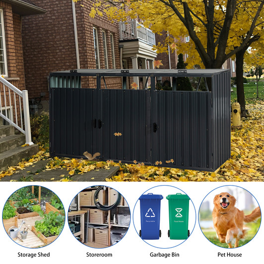 A2ZHOME Garbage Bin Shed Stores 3 Trash Cans: Sturdy Stainless Galvanized Steel Outdoor Bin Shed for Garbage Storage