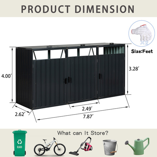 A2ZHOME Garbage Bin Shed Stores 3 Trash Cans: Sturdy Stainless Galvanized Steel Outdoor Bin Shed for Garbage Storage