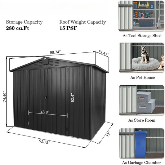 A2ZHOME 8.2' x 6.2' Outdoor Storage Shed: Durable Metal Garden Shed for Bikes, Trash Cans, and More