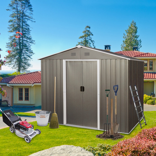 A2ZHOME 8ft x 6ft Outdoor Metal Storage Shed with Floor Base: Sturdy and Stylish Storage Solution in Gray