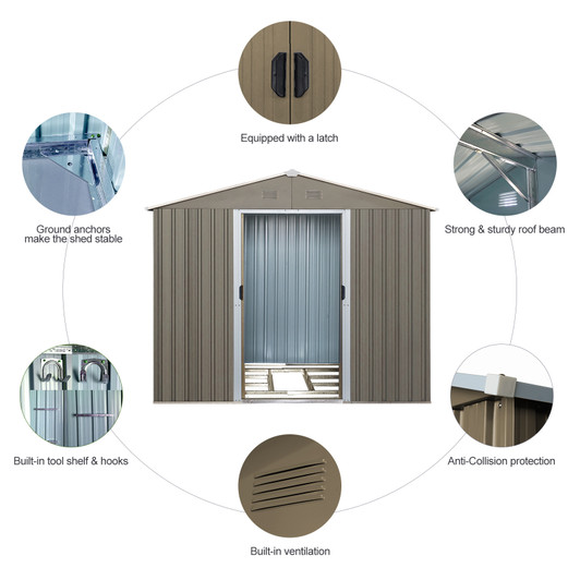 A2ZHOME 8ft x 6ft Outdoor Metal Storage Shed with Floor Base: Sturdy and Stylish Storage Solution in Gray