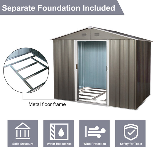 A2ZHOME 8ft x 6ft Outdoor Metal Storage Shed with Floor Base: Sturdy and Stylish Storage Solution in Gray